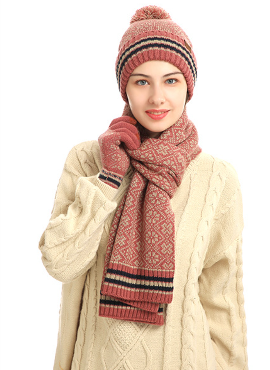 Knit Scarf WoolWarm Hat Scarf Gloves 3 Piecs Sets For Women